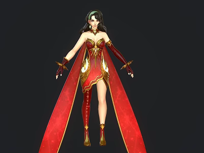 Elegant Fantasy Game and Movie Character in Red Outfit With Golden Decorations and Long Hair 3d model