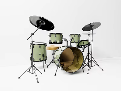 Professional Drum Set Complete With Green Drums Black Cymbals Stands And White Background 3d model