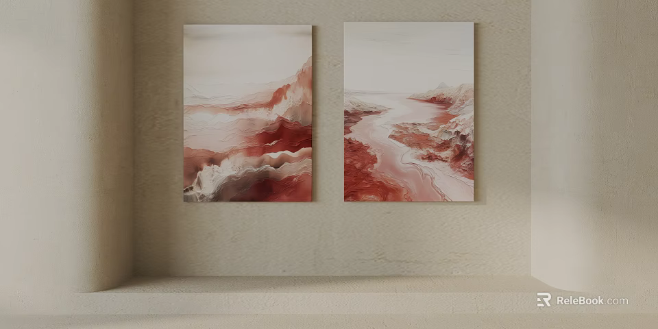 Two Abstract Landscape Paintings In Red Beige Tones On Light Wall 3d model