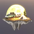 Cartoon Scene of Floating Island Featuring Green SUV Camper Tent Pine Tree String Lights and Full Moon