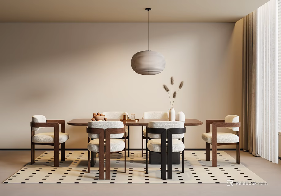 Modern Minimalist Dining Table Set With Wooden Chairs Pendant Light And Patterned Rug 3d model