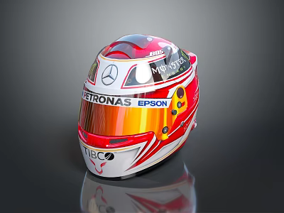Red And White Racing Helmet With Mercedes PETRONAS Epson Hilco Sponsor Logos 3d model