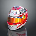 Red And White Racing Helmet With Mercedes PETRONAS Epson Hilco Sponsor Logos