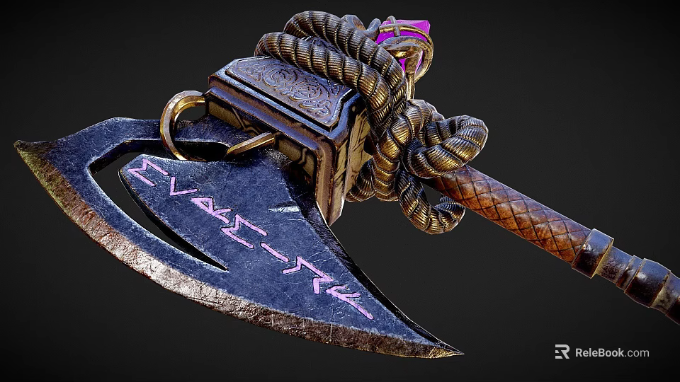 Ornate Battle Axe With Metallic Carved Head Purple Accents Braided Rope And Wooden Handle 3d model 