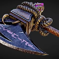 Ornate Battle Axe With Metallic Carved Head Purple Accents Braided Rope And Wooden Handle