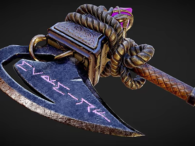 Ornate Battle Axe With Metallic Carved Head Purple Accents Braided Rope And Wooden Handle 3d model