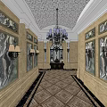 Luxurious Elevator Hallway with Chandeliers Decorative Walls Marble And Patterned Flooring
