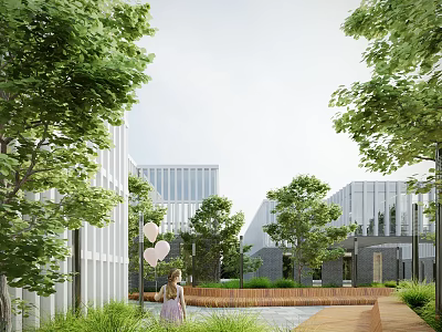 Modern Office Building Exterior with Lush Green Trees and Scenic Outdoor Landscaping 3d model