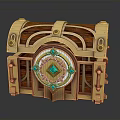 Ornate Wooden Treasure Chest With Golden Accents Glowing Blue Gem And Intricate Patterns