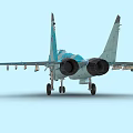 Blue And White Camouflage Fighter Jet With Cockpit Red Star Markings And Landing Gear