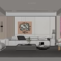 Elegant Modern Living Room Interior With Beige Sofa White Armchair Coffee Table Rug And Artwork