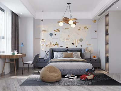 Modern Kids Room Interior Design With World Map Wall Hot Air Balloons And Toys 3d model