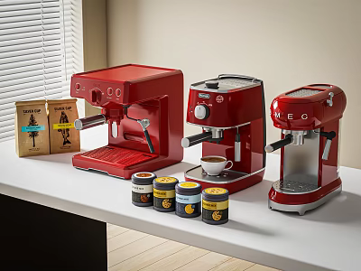 Red Coffee Machines With Coffee Cans And Boxes On Kitchen Counter 3d model