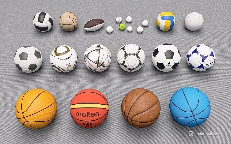 Various Sports Equipment Featuring Soccer Basketball Volleyball Rugby Tennis and Golf Balls 3d model 