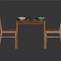 Wooden Dining Table Set With Two Wooden Chairs Brown Cushions Food Dishes And Chopsticks