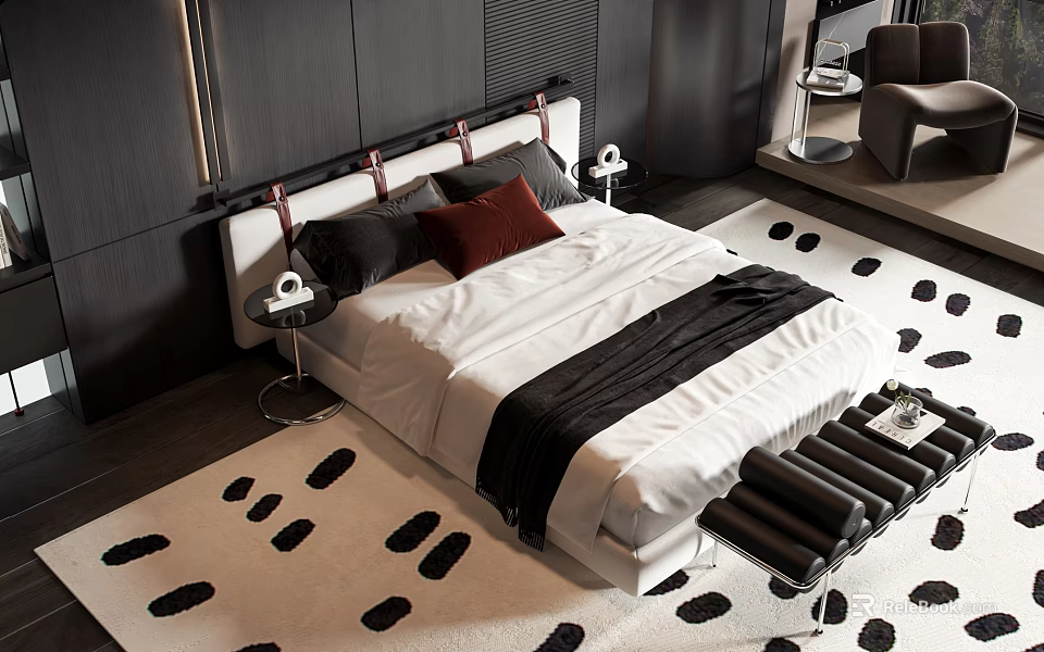 Modern Double Bed With White Sheet Black Blanket Red Pillow Bedside Table And Lamp 3d model 