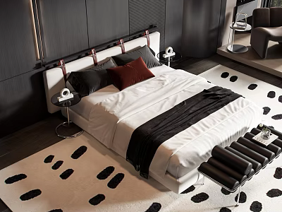 Modern Double Bed With White Sheet Black Blanket Red Pillow Bedside Table And Lamp 3d model