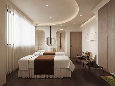 Serene SPA Sauna Room Interior With Massage Beds Circular Ceiling Lights And White Shutters 3d model