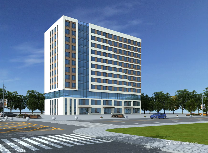 Modern Multi Storey Office Building With Glass Curtain Wall And Landscaped Surroundings 3d model 