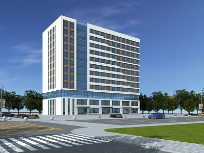 Modern Multi Storey Office Building With Glass Curtain Wall And Landscaped Surroundings 3d model