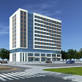 Modern Multi Storey Office Building With Glass Curtain Wall And Landscaped Surroundings
