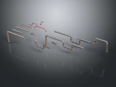 Various Metal Pipes With Elbows And Red Connectors On Reflective Surface 3d model