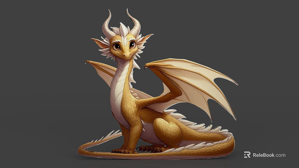 Golden Flying Dragon with Intricate Horns and Feathered Wings Sitting Calmly 3d model 