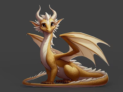 Golden Flying Dragon with Intricate Horns and Feathered Wings Sitting Calmly 3d model