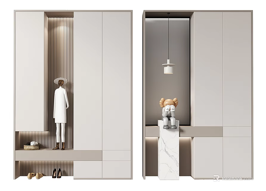 Modern Minimalist Shoe Cabinet With White Sleek Design Storage Shelves And Decorative Items 3d model 