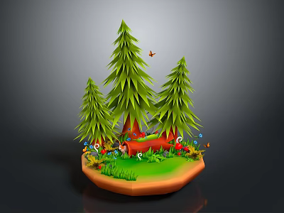 Miniature Nature Scene With Green Pine Trees Grass Red Mushrooms Flowers Birds And Butterflies 3d model