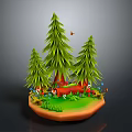 Miniature Nature Scene With Green Pine Trees Grass Red Mushrooms Flowers Birds And Butterflies
