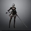 Woman With White Short Hair In Black Lace Dress Holding Long Sword And High Heels