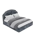 Dark Blue Single Bed with Upholstered Curved Headboard White Pillows and Gray Bedding