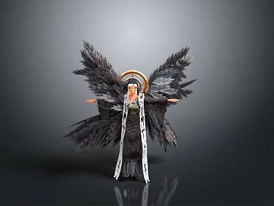 Figure With Black Wings Golden Halo Black And White Robe Arms Outstretched On Gray Background 3d model