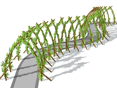 Arched Wooden Pergola Adorned With Green Vines And Support Structures Along Pathway 3d model