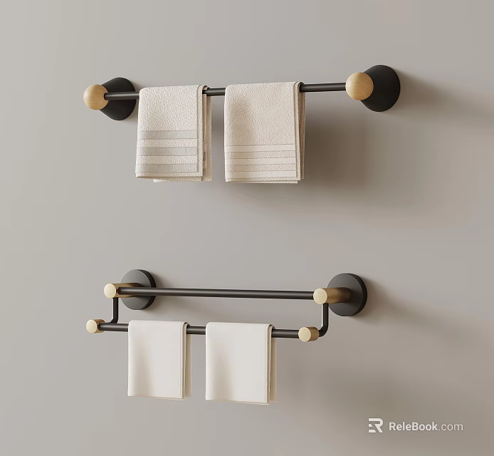 Black Metal Towel Racks With Wooden Accents Hold White Towels In Bathroom Interior 3d model 