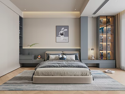 Modern Kids Room Interior Design With Cozy Bed Cartoon Painting Bookshelf And Lighting 3d model