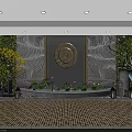 Hotel Corridor With Textured Wall Circular Carved Relief Lotus Water Feature And Green Plants