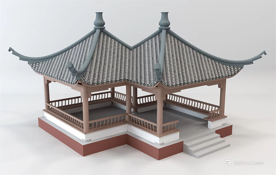 Traditional Chinese Twin-Roofed Pavilion With Tile Roof Wooden Balustrades And Steps 3d model 
