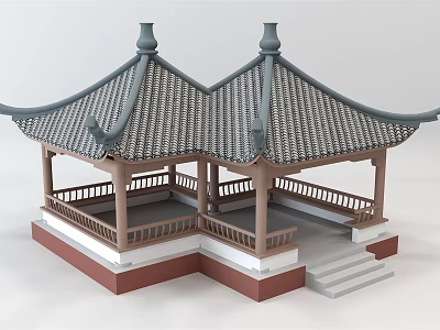 Traditional Chinese Twin-Roofed Pavilion With Tile Roof Wooden Balustrades And Steps 3d model