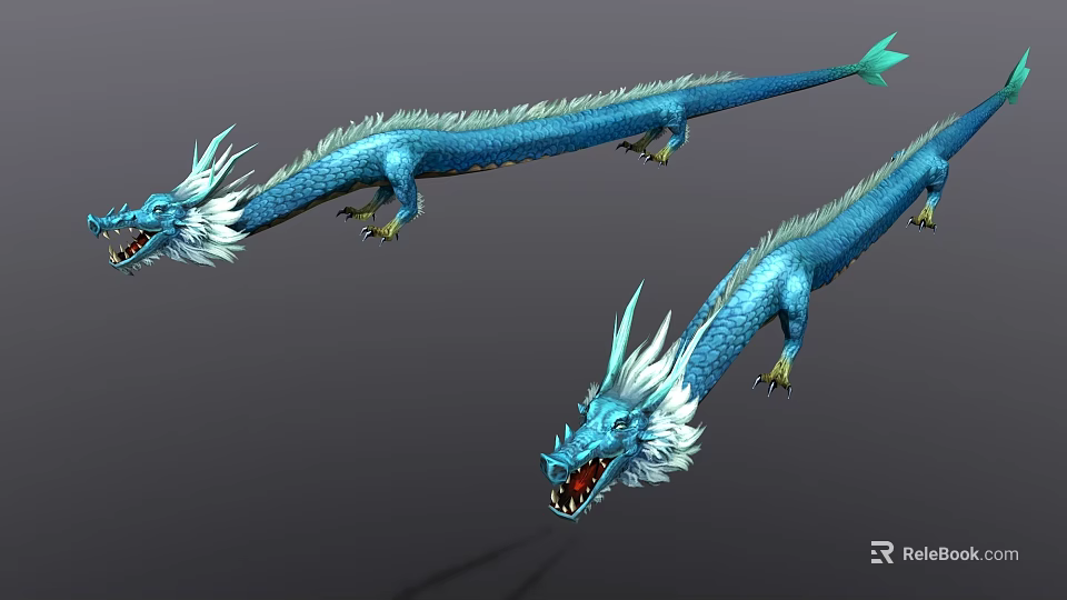 Blue Dragon Game and Movie Character With White Manes Flying Open Mouth 3d model 