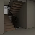 Modern Wooden Stairs With Black Handrail Bamboo Plant And Small Decorations
