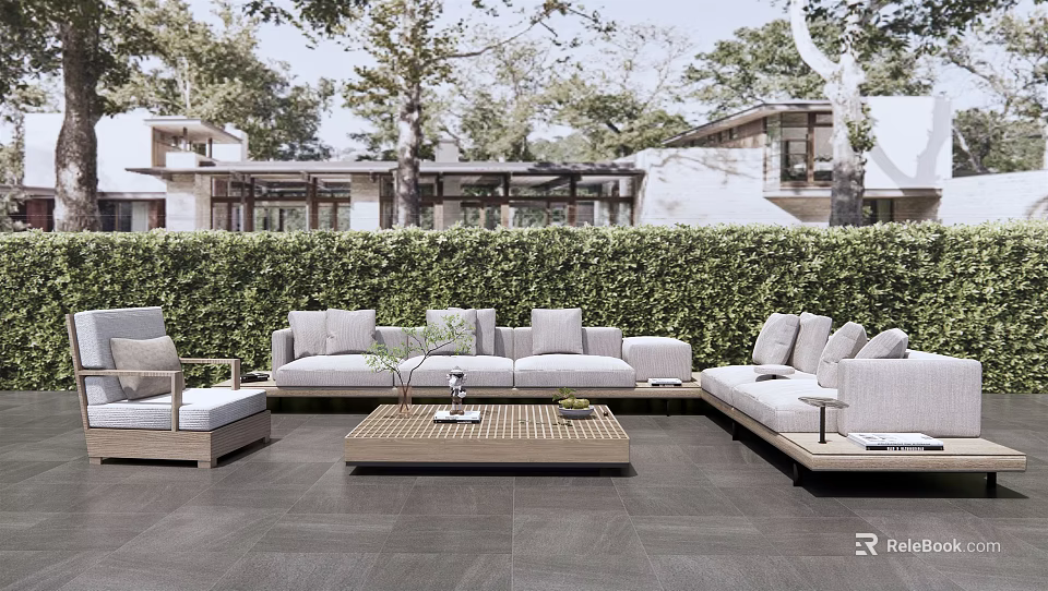 Modern Outdoor Sofa Set With Wooden Coffee Table And Green Plant Backdrop 3d model 
