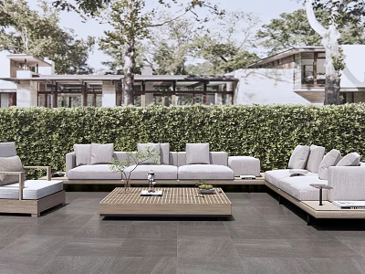 Modern Outdoor Sofa Set With Wooden Coffee Table And Green Plant Backdrop 3d model
