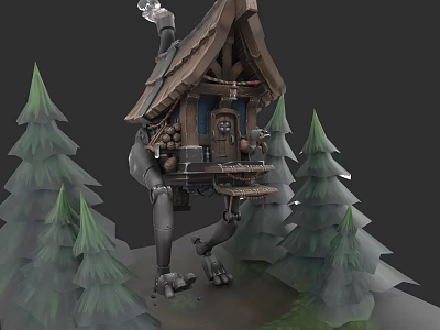 Unique Detached Villa With Mechanical Legs Amidst Pine Trees In Forest 3d model