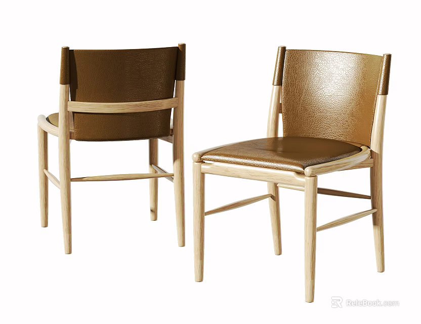 Two Modern Accent Chairs With Brown Leather Seats And Light Wooden Frames 3d model