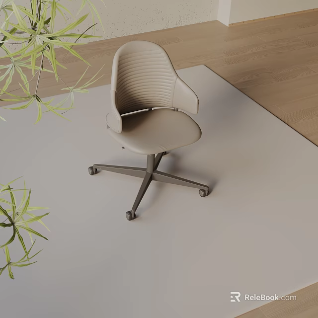 Modern Ribbed Office Chair With Beige Upholstery And Rolling Base In Bright Room With Plants 3d model 