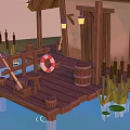 Cartoon Scene of Waterfront Wooden Cabin With Thatched Roof Lanterns Life Preserver and Dock