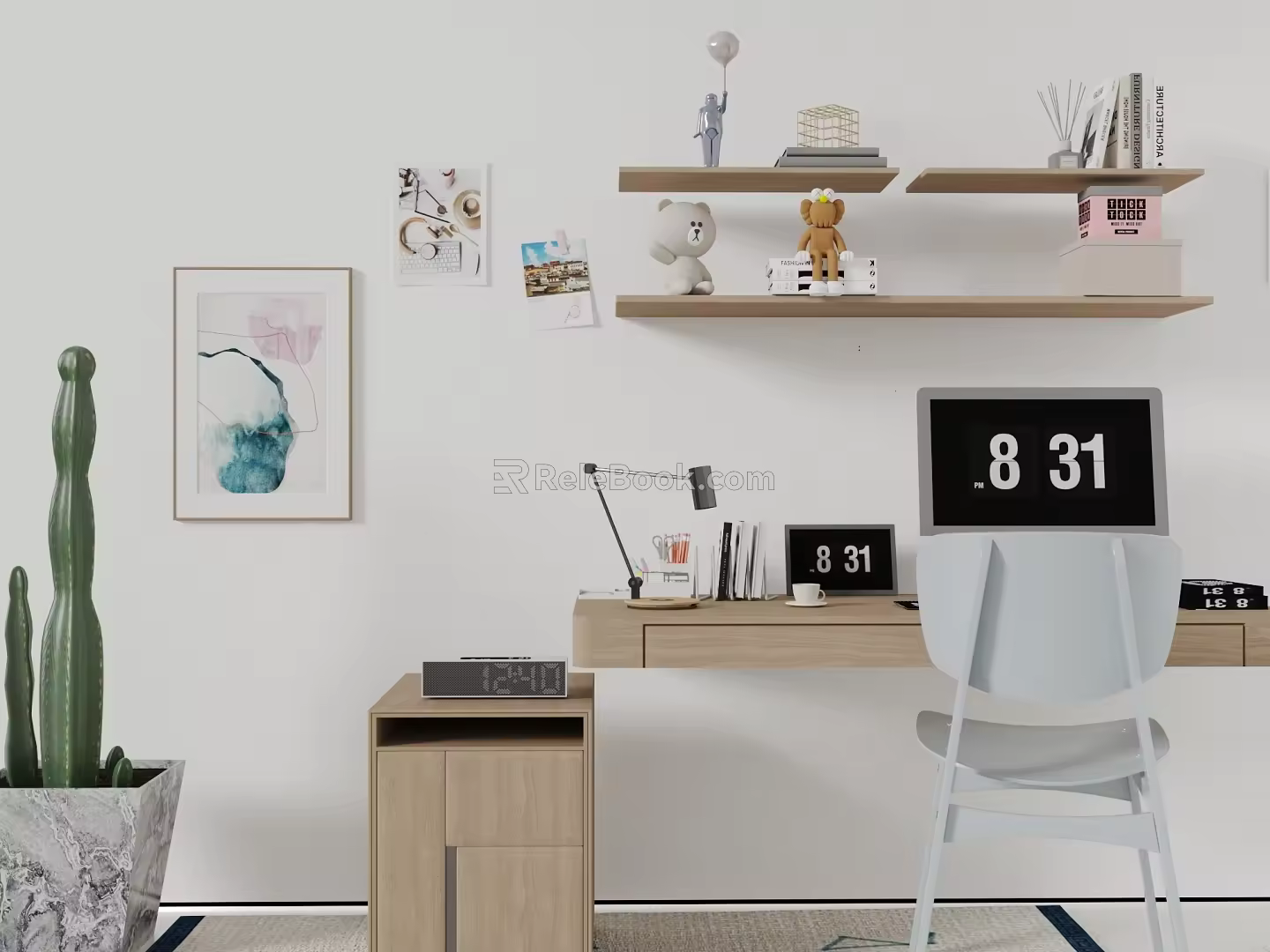 Nordic desk and chair cactus combination 3d model