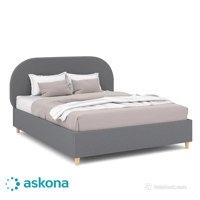 Modern Double Bed With Gray Frame Curved Headboard Bedding And Light Wooden Legs 3d model 